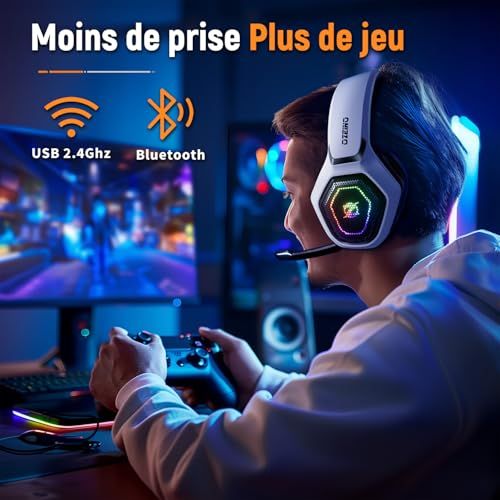 Casque gaming sans fil, idéal cadeau pour gamers. Immersion sonore exceptionnelle, faible latence, compatible PS5, PS4, PC. Confortable et ergonomique pour longues sessions de jeu.