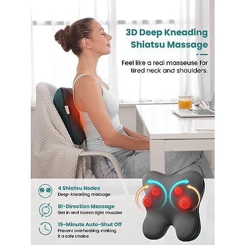 Coussin de massage des cervicales, technologie Shiatsu, relaxant, soulagement des tensions musculaires, chauffage doux, cadeau bien-être original pour toutes occasions.
