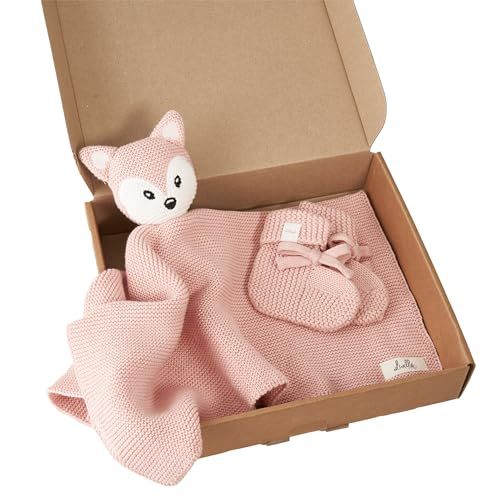 Coffret cadeau bébé Coton Bio Livella avec doudou renard et chaussettes hypoallergéniques Oeko-Tex.