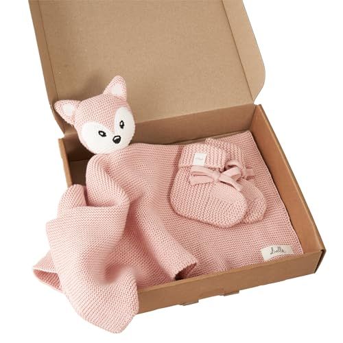 Coffret naissance bébé bio Livella, doudou et vêtements hypoallergéniques élégants.