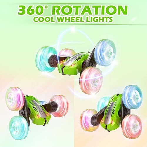 Voiture télécommandée Rodzon tout-terrain avec LED, rotation 360° et batteries rechargeables pour enfants et amateurs de courses.