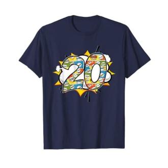 Tee-shirt Super Héros 20 ans, design comics, disponible en six coloris.
