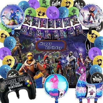 Kit décoration anniversaire Fortnite avec ballons, bannières, et accessoires pour transformer la fête en terrain de jeu vidéo mémorable.