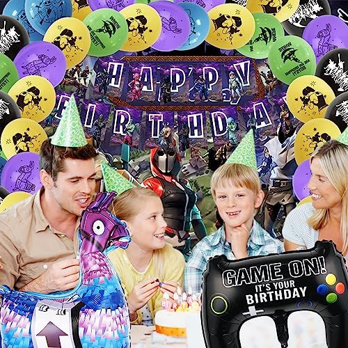 Kit décoration anniversaire Fortnite avec ballons, bannières, et accessoires pour transformer la fête en terrain de jeu vidéo mémorable.