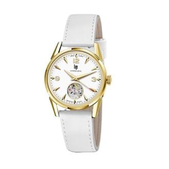 Montre LIP femme élégante avec bracelet cuir blanc et mécanisme à cœur ouvert