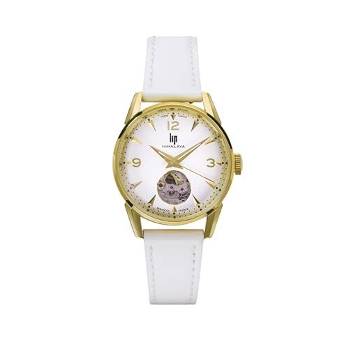 Montre LIP femme élégante avec bracelet cuir blanc et mécanisme à cœur ouvert