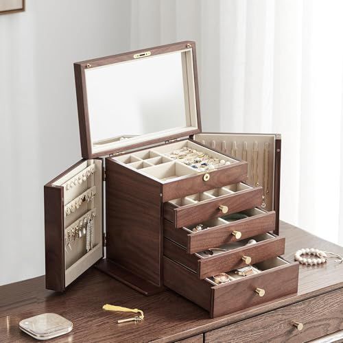 Boîte à bijoux en noyer noir d'Amérique du Nord avec intérieur en velours, miroir intégré, poignées en laiton, 5 niveaux, serrure à deux clés.