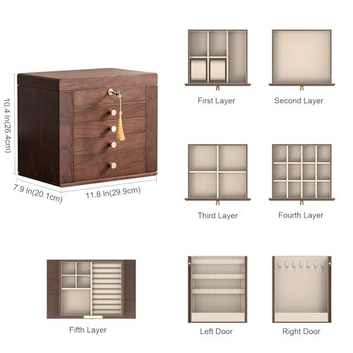 Boîte à bijoux en noyer noir d'Amérique du Nord avec intérieur en velours, miroir intégré, poignées en laiton, 5 niveaux, serrure à deux clés.