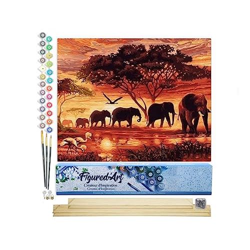 Kit de peinture au numéro trois toiles éléphants savane coucher de soleil pour débutants et passionnés