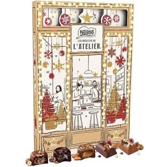 Calendrier de l'Avent Chocolats, Les Recettes de l'Atelier, gourmandises chocolatées, production durable, fèves certifiées Rainforest Alliance, plaisir festif, idée cadeau Noël.