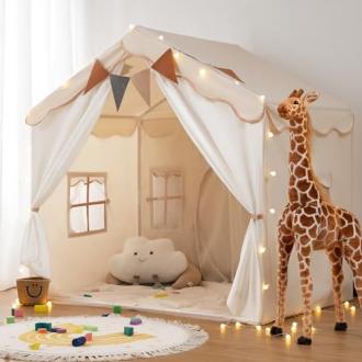 Tente de jeu pour enfants, spacieuse et sécurisée, en forme de maison, couleur beige ou bleue, idéale pour l'imagination et le confort.