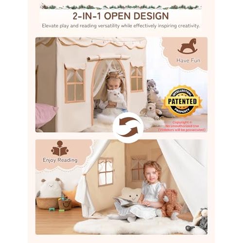 Tente de jeu pour enfants, spacieuse et sécurisée, en forme de maison, couleur beige ou bleue, idéale pour l'imagination et le confort.