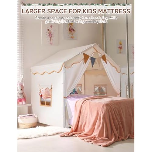 Tente de jeu pour enfants, spacieuse et sécurisée, en forme de maison, couleur beige ou bleue, idéale pour l'imagination et le confort.