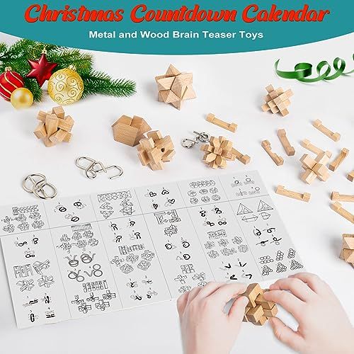 Calendrier de l'Avent Casse-tête avec 12 énigmes en bois et 12 en métal, pour toute la famille, idéal pour Noël.