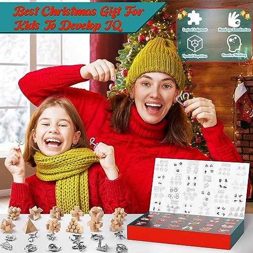 Calendrier de l'Avent Casse-tête avec 12 énigmes en bois et 12 en métal, pour toute la famille, idéal pour Noël.