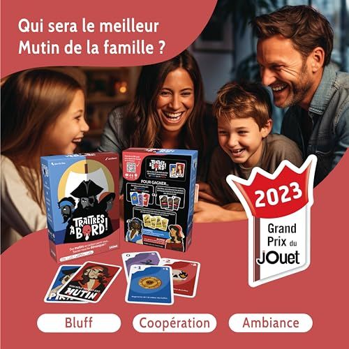 Jeu de société Traîtres à Bord pour familles, bluff de pirates, stratégie, idéal dès 10 ans, élu Grand Prix du Jouet 2023.