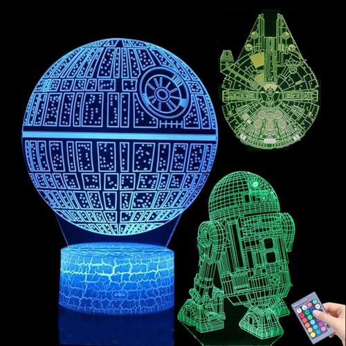 Lampe Star Wars 3D avec motifs R2-D2, Faucon Millenium et étoile de la mort