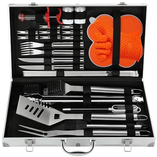 Mallette barbecue en inox avec 30 outils professionnels, cadeau idéal pour amateurs de grillades et occasions spéciales comme Noël ou fête des Pères.