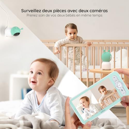 Babyphone avec 2 caméras, surveillance haute technologie 2K, zoom 4x, idéal pour nouveaux parents, sécurité enfants, partage moments précieux, multiécran, alerte mouvements.