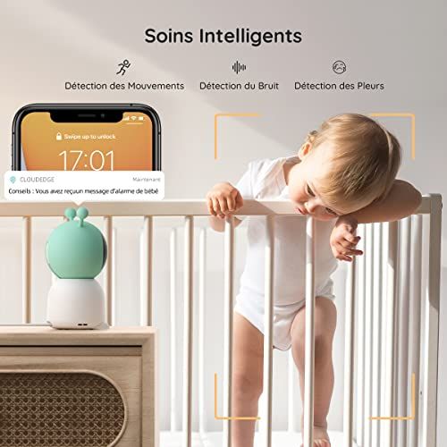 Babyphone avec 2 caméras, surveillance haute technologie 2K, zoom 4x, idéal pour nouveaux parents, sécurité enfants, partage moments précieux, multiécran, alerte mouvements.