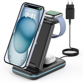 Station de charge sans fil 3 en 1 pour iPhone, Apple Watch et AirPods, idée cadeau pratique et innovante pour fans de technologie Apple.