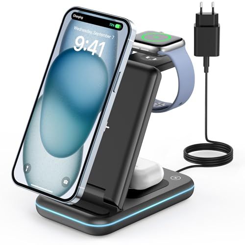 Station de charge sans fil 3 en 1 pour iPhone, Apple Watch et AirPods, idée cadeau pratique et innovante pour fans de technologie Apple.