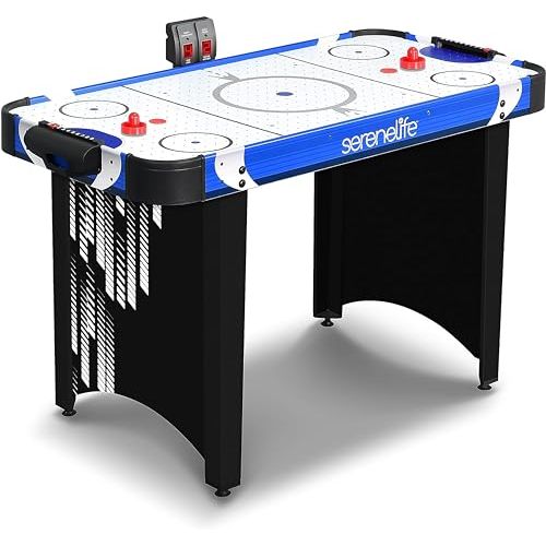 Table de Air Hockey SereneLife avec tableau LED, finition brillante, idéale cadeau pour enfants et familles, robuste et facile à assembler.