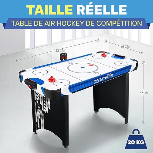 Table de Air Hockey SereneLife avec tableau LED, finition brillante, idéale cadeau pour enfants et familles, robuste et facile à assembler.