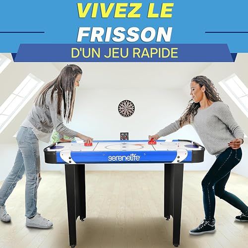 Table de Air Hockey SereneLife avec tableau LED, finition brillante, idéale cadeau pour enfants et familles, robuste et facile à assembler.