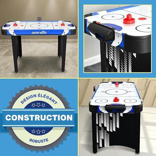 Table de Air Hockey SereneLife avec tableau LED, finition brillante, idéale cadeau pour enfants et familles, robuste et facile à assembler.