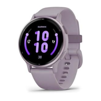 Montre Garmin vívoactive élégante pour femme avec GPS, multisport, écran AMOLED, bracelet interchangeable et fonctionnalités de coach santé.