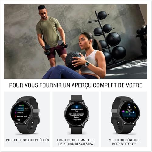 Montre Garmin vívoactive élégante pour femme avec GPS, multisport, écran AMOLED, bracelet interchangeable et fonctionnalités de coach santé.