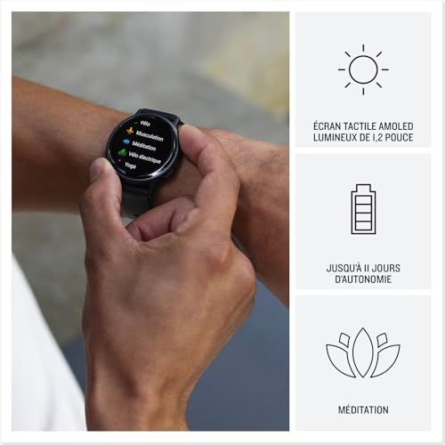 Montre Garmin vívoactive élégante pour femme avec GPS, multisport, écran AMOLED, bracelet interchangeable et fonctionnalités de coach santé.