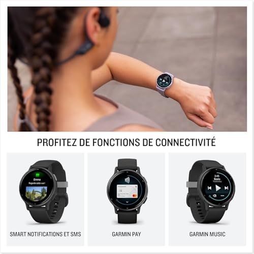 Montre Garmin vívoactive élégante pour femme avec GPS, multisport, écran AMOLED, bracelet interchangeable et fonctionnalités de coach santé.