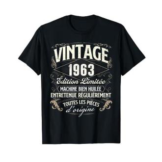 Tee-shirt vintage blanc 1963, coton doux, col rond, message humoristique, disponible homme-femme, tailles S-2XL, mode chic ou décontracté.
