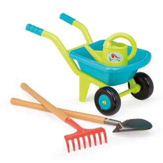 Brouette enfant Ecoiffier 2 roues pour petit jardinier avec accessoires de jardinage.