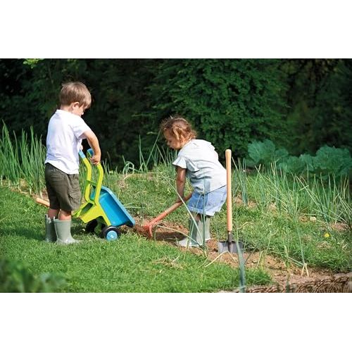 Brouette enfant Ecoiffier 2 roues pour petit jardinier avec accessoires de jardinage.