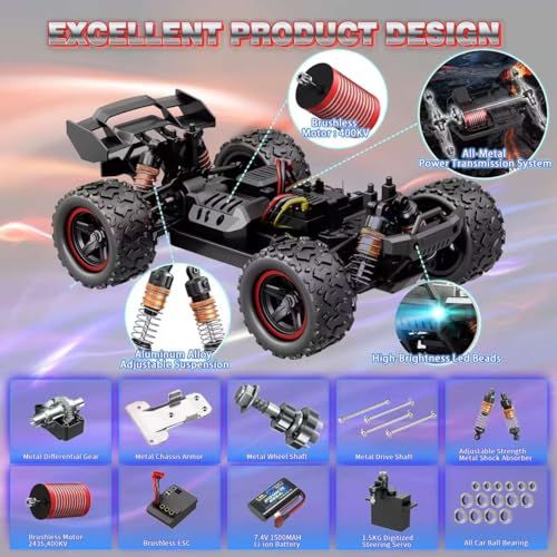 Voiture RC Herenear rapide 60 km/h avec moteur brushless et double batterie pour enfants