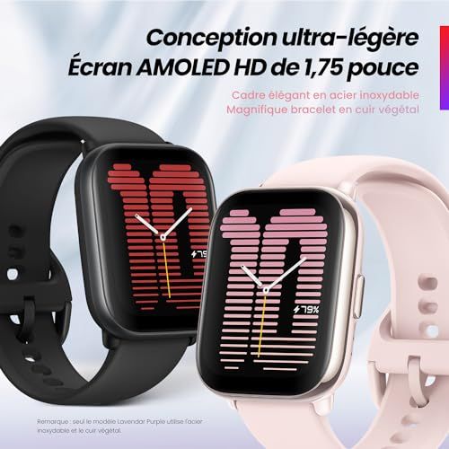 Montre connectée Amazfit rose avec écran AMOLED et fonctionnalités de santé