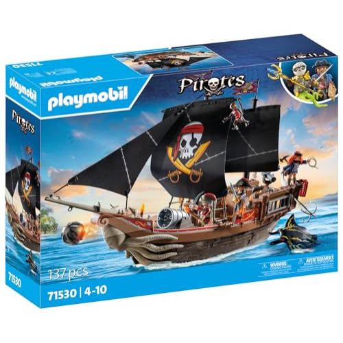 Bateau de pirates Playmobil pour enfant, aventure et exploration, voiles mobiles, qualité robuste, idéal cadeau pour garçon de 5 ans.
