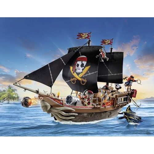 Bateau de pirates Playmobil pour enfant, aventure et exploration, voiles mobiles, qualité robuste, idéal cadeau pour garçon de 5 ans.