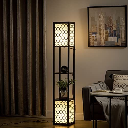 Lampe de salon étagère élégante avec abat-jour nid d'abeille, offrant espace de rangement et style pour salon ou chambre. Cadeau pratique et raffiné.