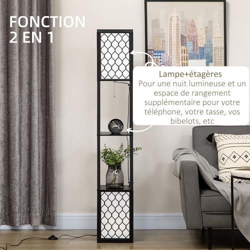 Lampe de salon étagère élégante avec abat-jour nid d'abeille, offrant espace de rangement et style pour salon ou chambre. Cadeau pratique et raffiné.