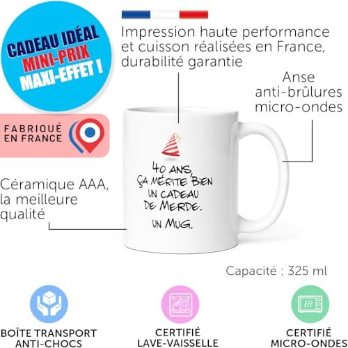 Mug céramique blanc effet cassé humoristique pour 40ème anniversaire avec qualité micro-onde et lave-vaisselle.