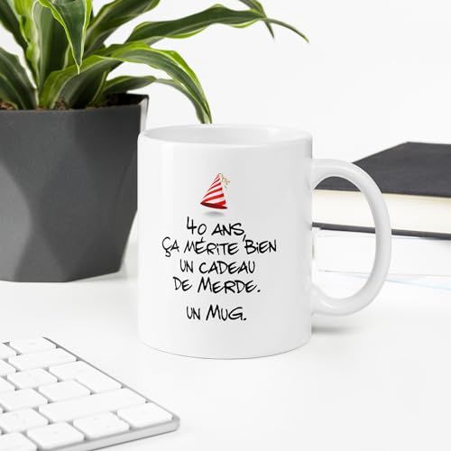 Mug céramique blanc effet cassé humoristique pour 40ème anniversaire avec qualité micro-onde et lave-vaisselle.