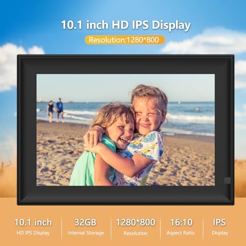 Cadre photo numérique 10 pouces avec station météo intégrée et application Frameo pour partage facile.
