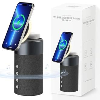 Station de charge magnétique COLSUR 2 en 1 pour iPhone avec haut-parleur Bluetooth et options de sécurité avancées.
