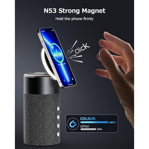 Station de charge magnétique COLSUR 2 en 1 pour iPhone avec haut-parleur Bluetooth et options de sécurité avancées.