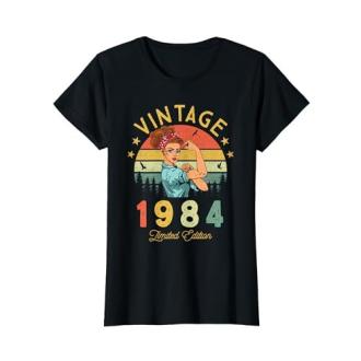 Tee-shirt femme vintage 1984 en coton, cadeau anniversaire nostalgique années 80, tailles XS-3XL, coloris variés.
