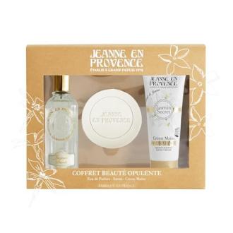Coffret bien-être Jeanne en Provence avec parfum de jasmin, crème, savon, offre évasion et douceur d'été, idéal cadeau parfumé.